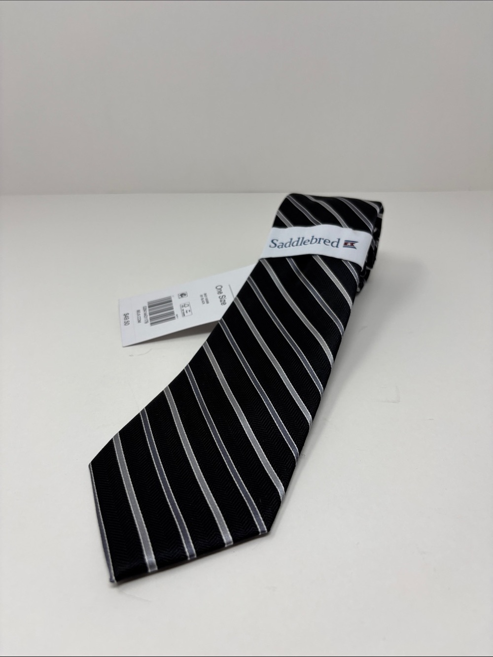Saddlebred Black Tie with Silver Diagonal Stripes New With Tags Silk Mix